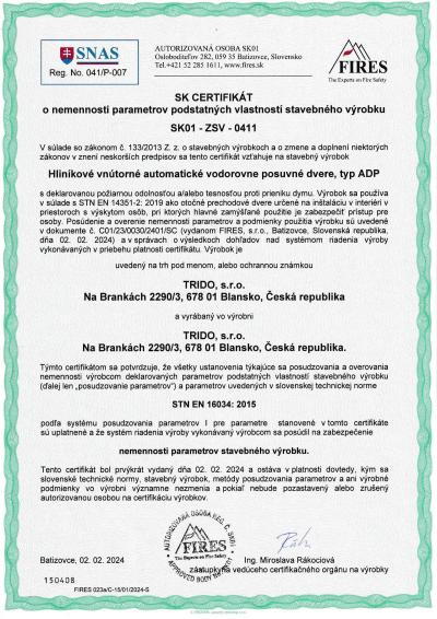 SK certifikát nemennosti parametrov stavebného výrobku - automatické vodorovně posuvné dveře