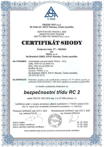 Certifikát shody Automatické posuvné dveře Trido RC2