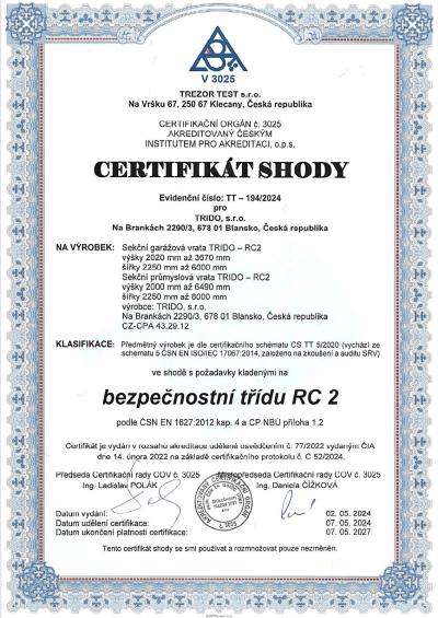 Certifikát shody Sekční garážová a průmyslová vrata Trido RC2