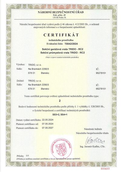 NBÚ Certifikát bezpečnostního prostředku Sekční a průmyslová garážová vrata Trido RC2