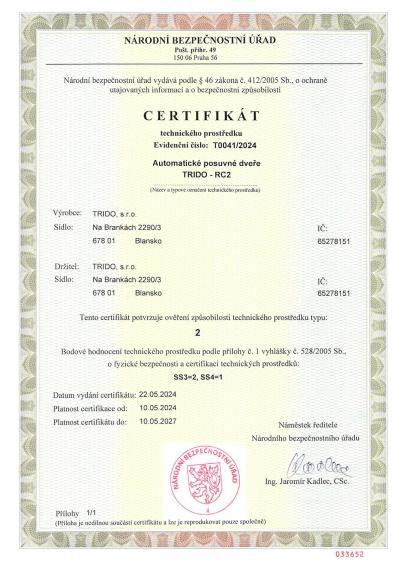 NBÚ Certifikát bezpečnostního prostředku Automatické posuvné dveře Trido RC2